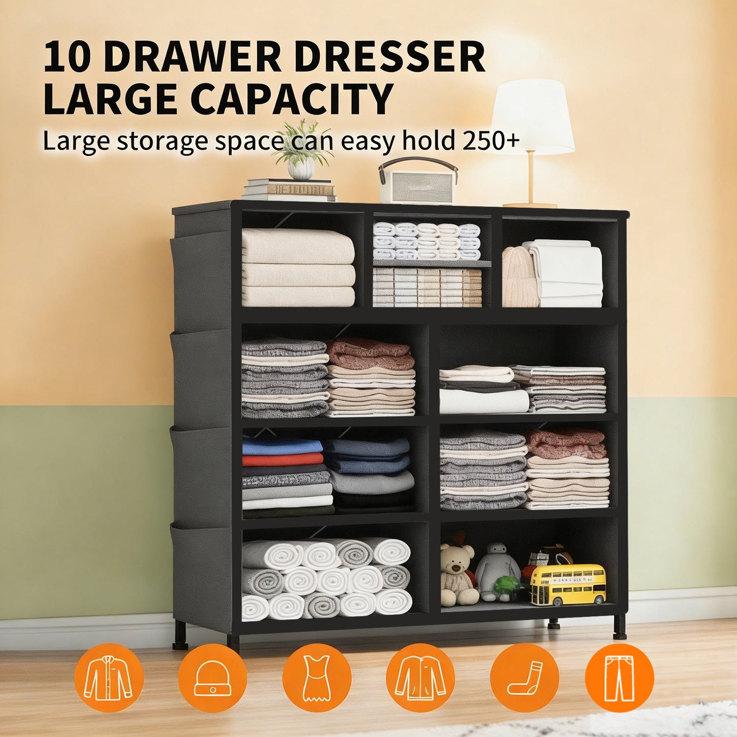 10-Drawer Storage Cabinet with Side Pocket & Hooks - Gray