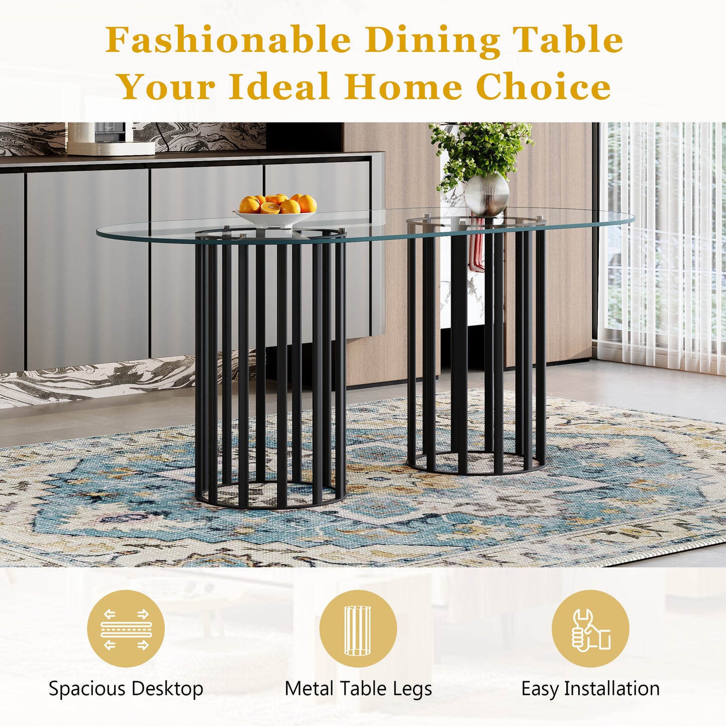 71 Inch Oval Tempered Glass Dining Table,black Double Column Light