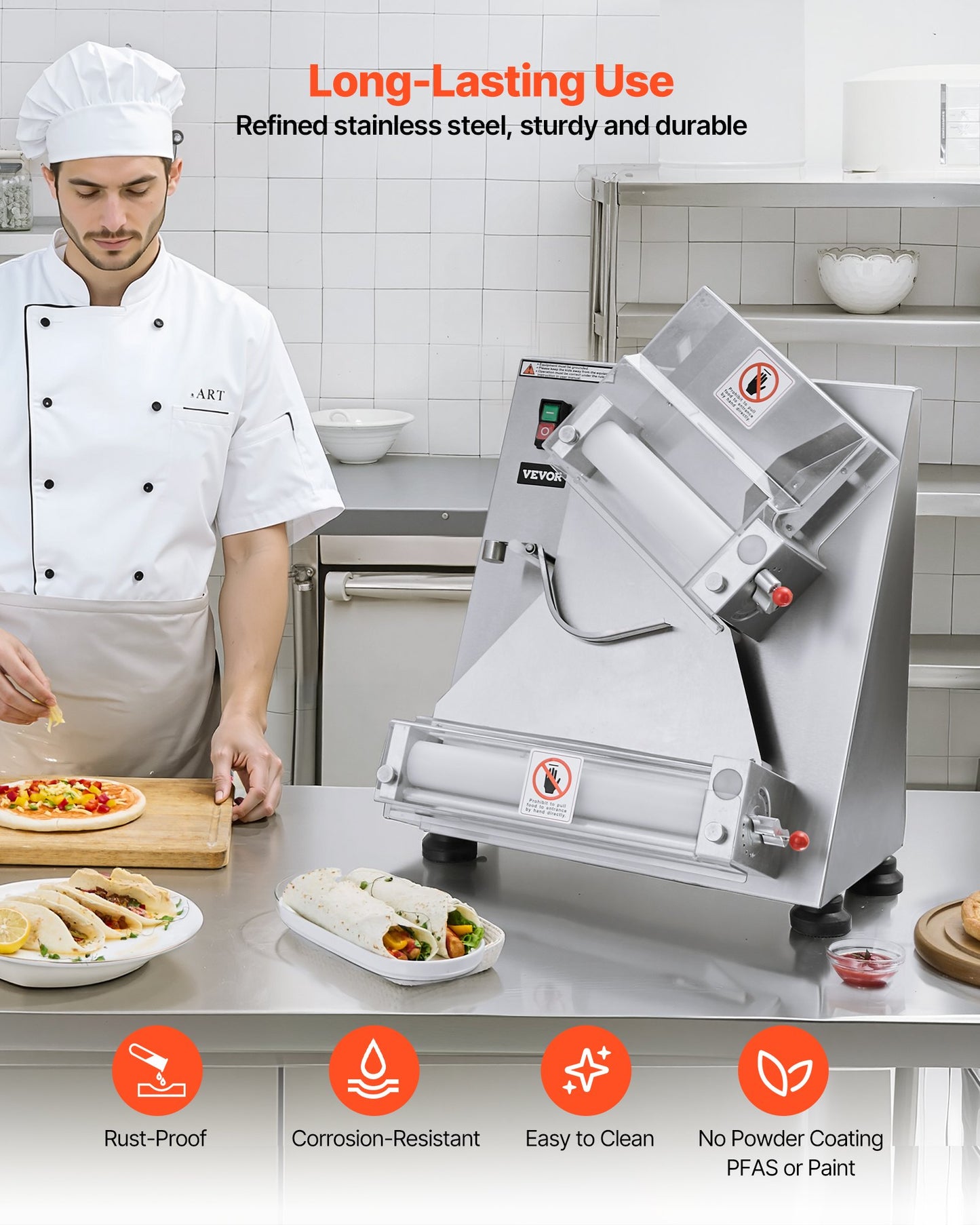 Automatic Commercial Pizza Dough Roller Sheeter 14 Inch, Adjustable Thickness, Silver