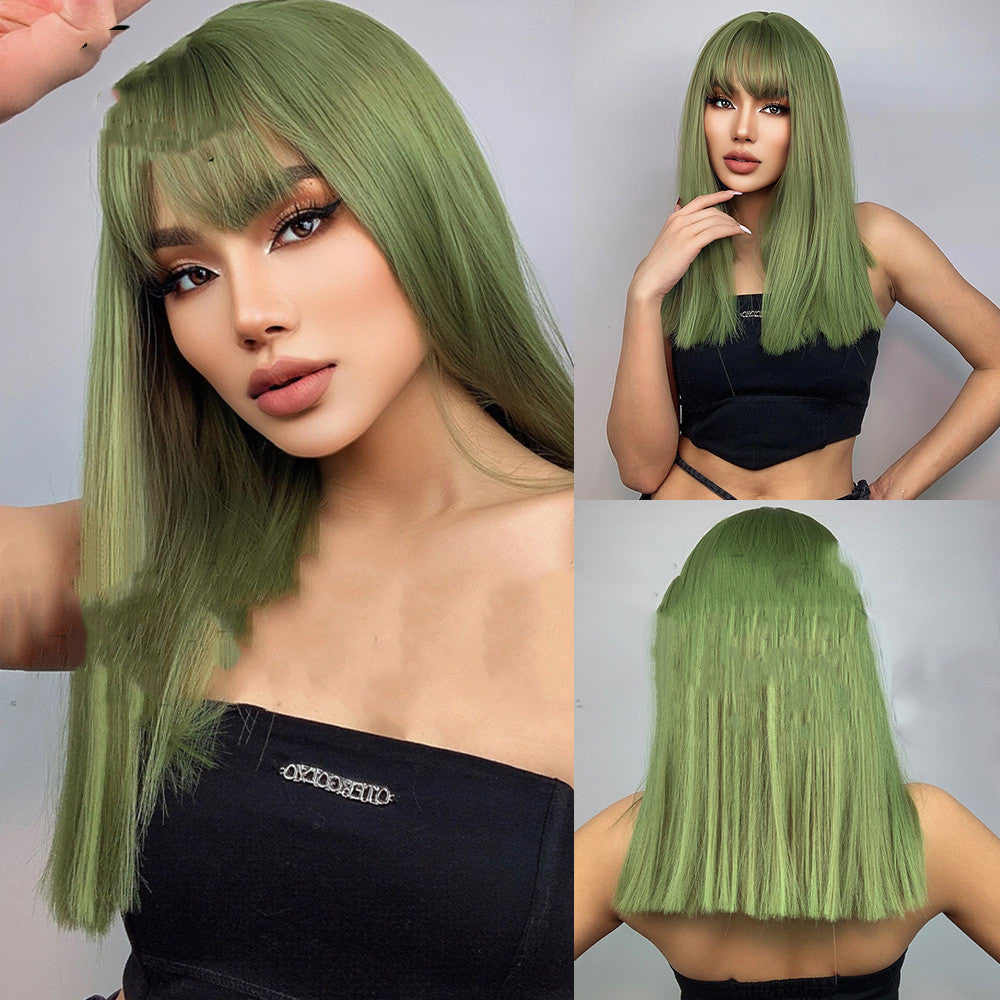 Green Straight Hair Wig with Bangs for Women - Fashionable Hairpiece