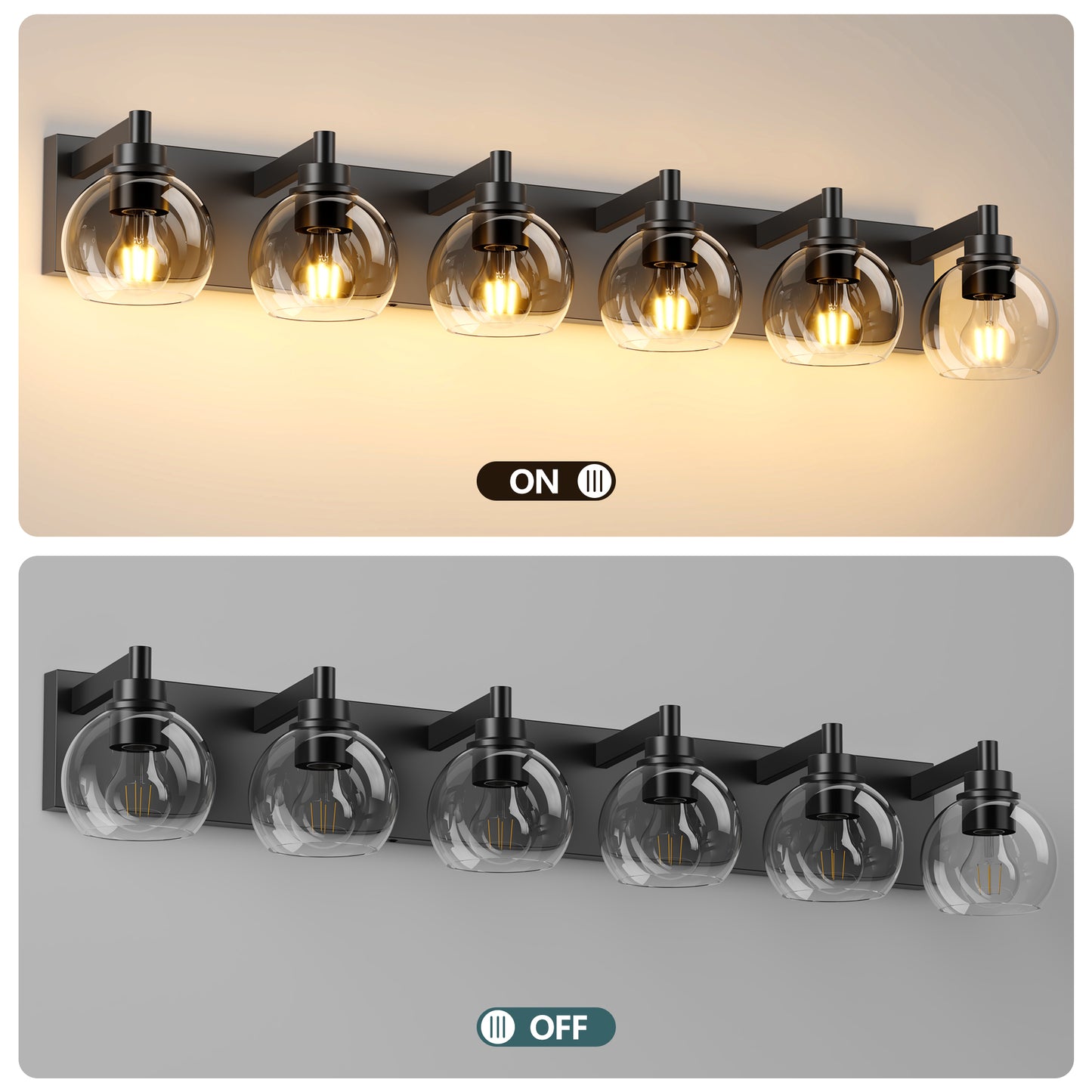 6-Light Bathroom Vanity Light Fixture - Rustic Black Glass Shade