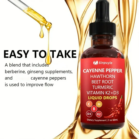 Cayenne Pepper Hawthorn Beet Root Turmeric Liquid Drops with Vitamin D3 & K2