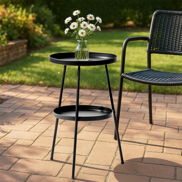 Patio Small Side Table, Round 2 Tier End Metal Coffee Table For