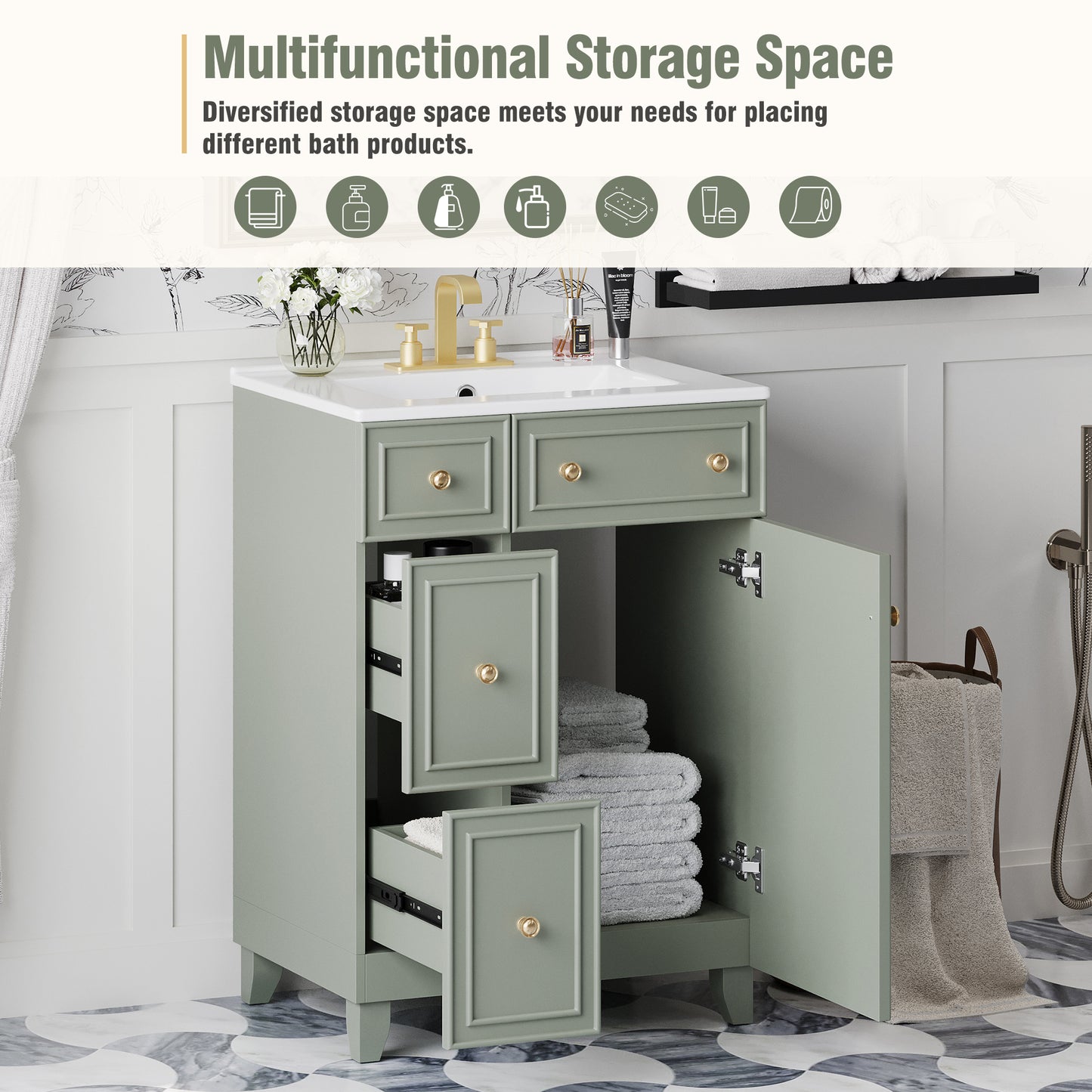 24-Inch Green Bathroom Vanity Cabinet with Ceramic Sink