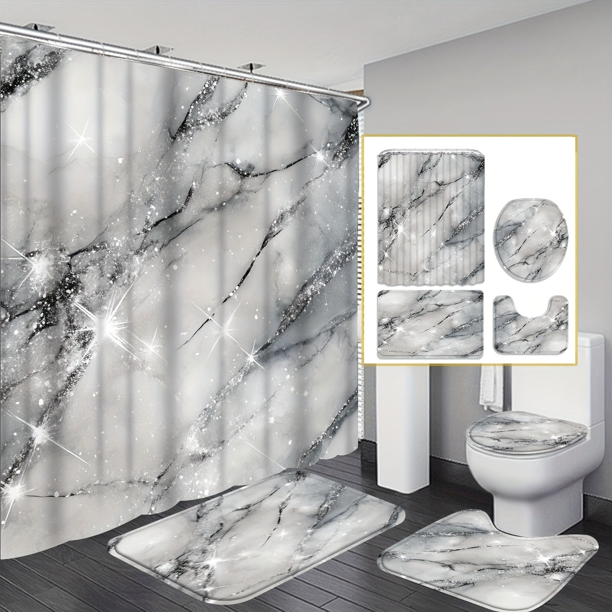 Textured Marble Toilet Seat Cover Set Bathroom Decor - 4 Piece