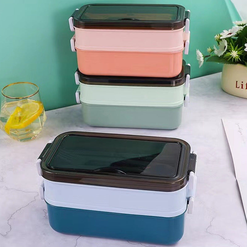 Double-Layer Bento Lunch Box with Sealed Compartments & Tableware - Pink