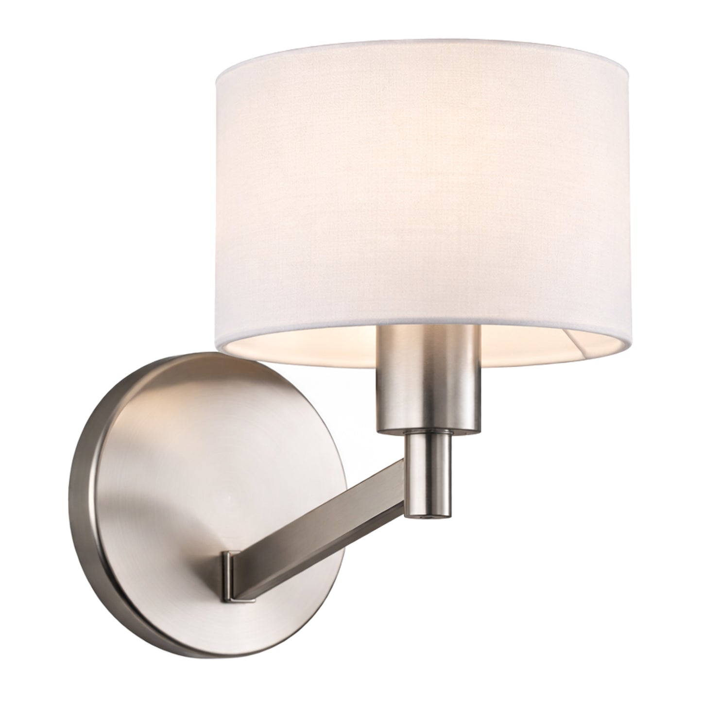 Nebula Brushed Nickel Base Wall Lamp With Rotary White Fabric Shade