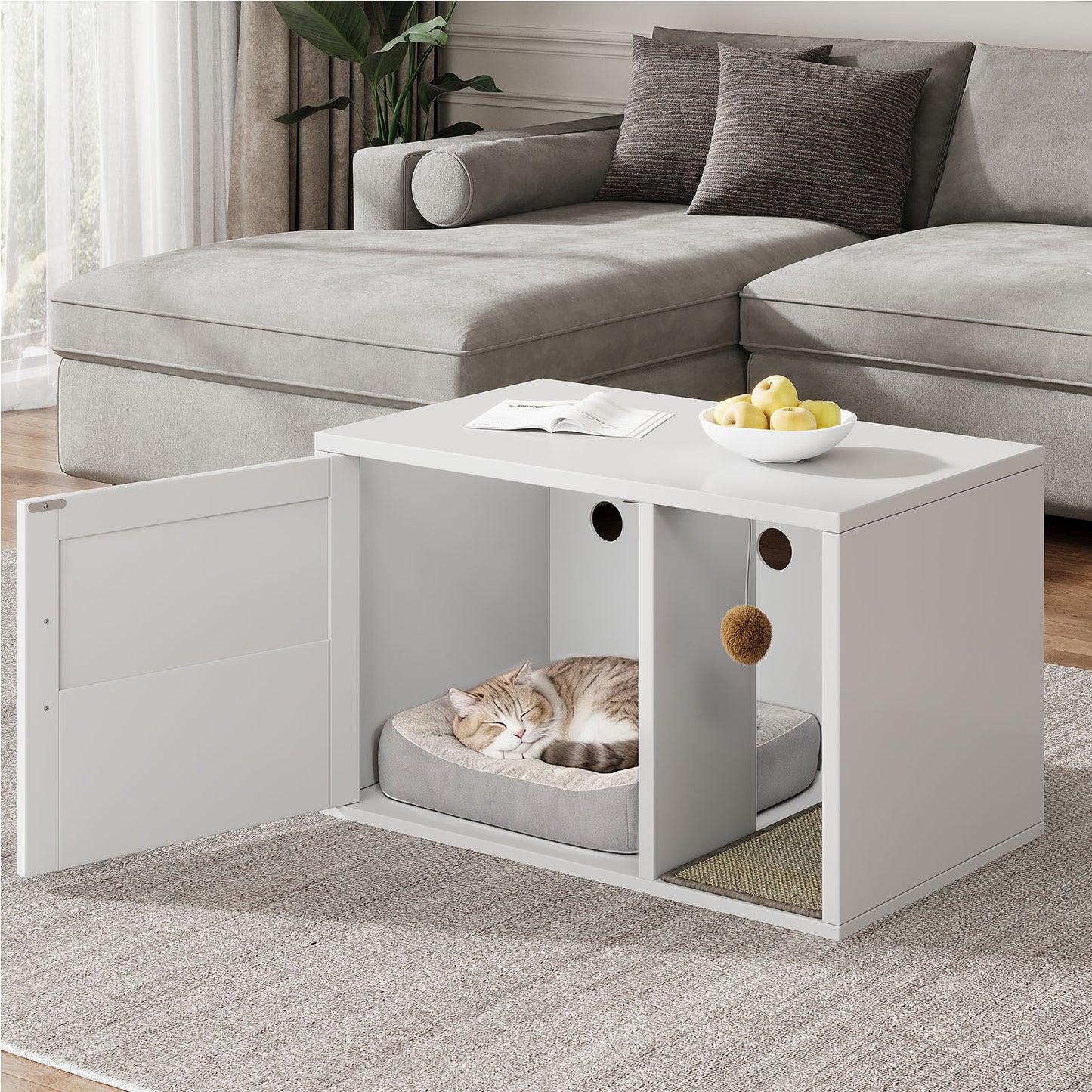 Multifunctional Cat Litter Box Cabinet with Odor Control & Side Table - White