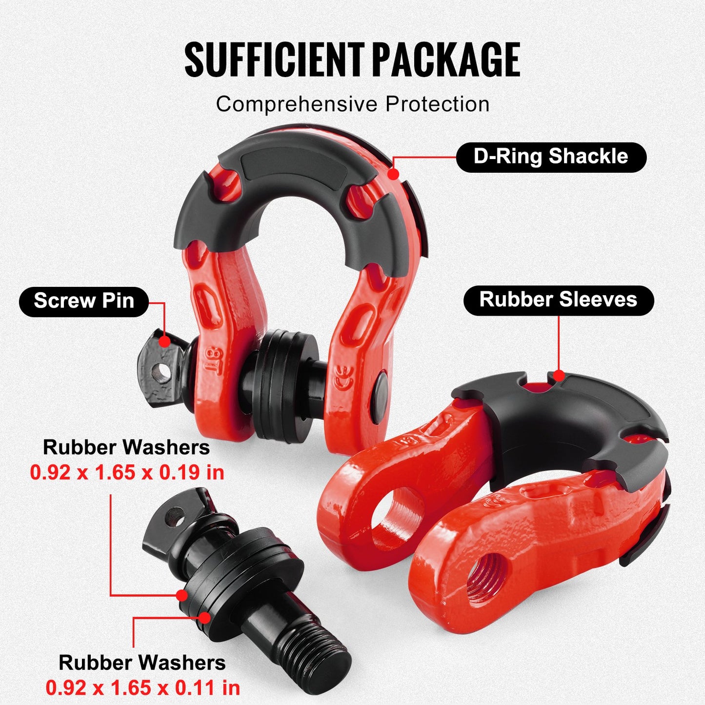 Heavy Duty Alloy Steel D-Ring Shackle 2 Pack for Vehicle Towing - Red, 30 Ton Break Strength