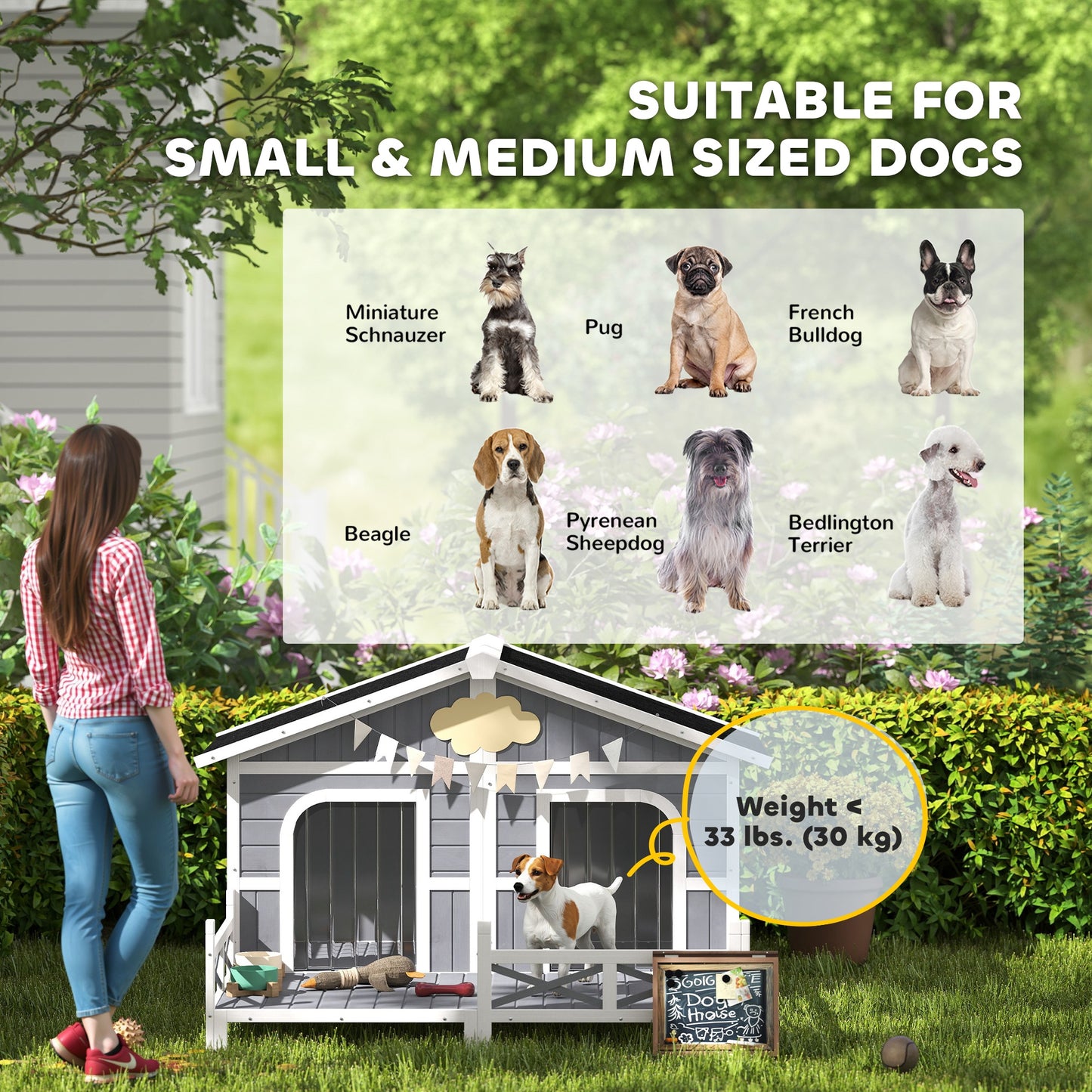 Outdoor Wooden Dog House with Porch & Double Room - Weatherproof Pet Shelter