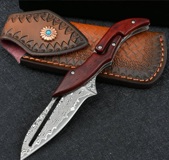 Portable Folding Camping Knife with Damascus Steel Blade and Wood Handle