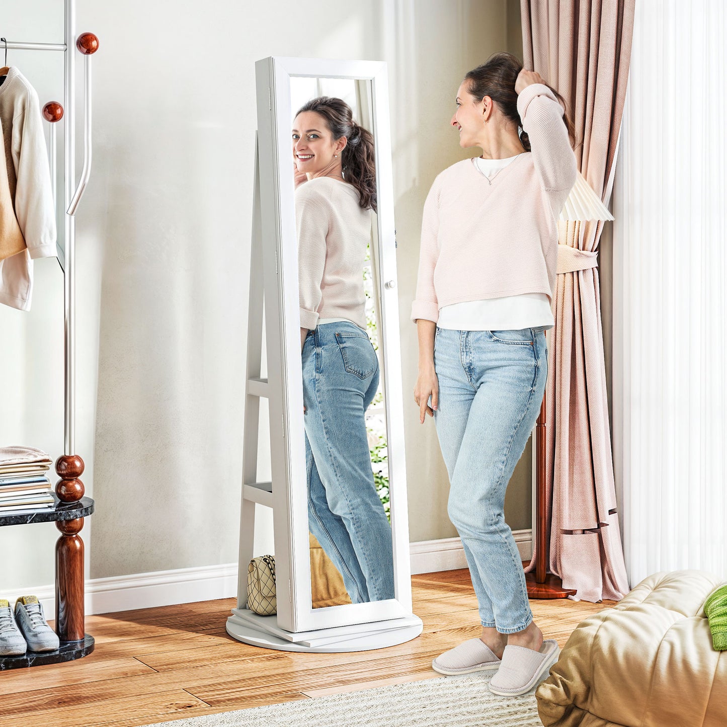 360° Swivel Jewelry Armoire with Full-Length Mirror - White