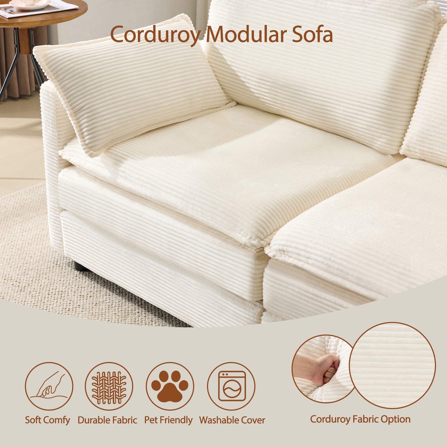 Modular 2-Seater Sectional Sofa with 22" Beige Cushions & 2 Pillows - Compact