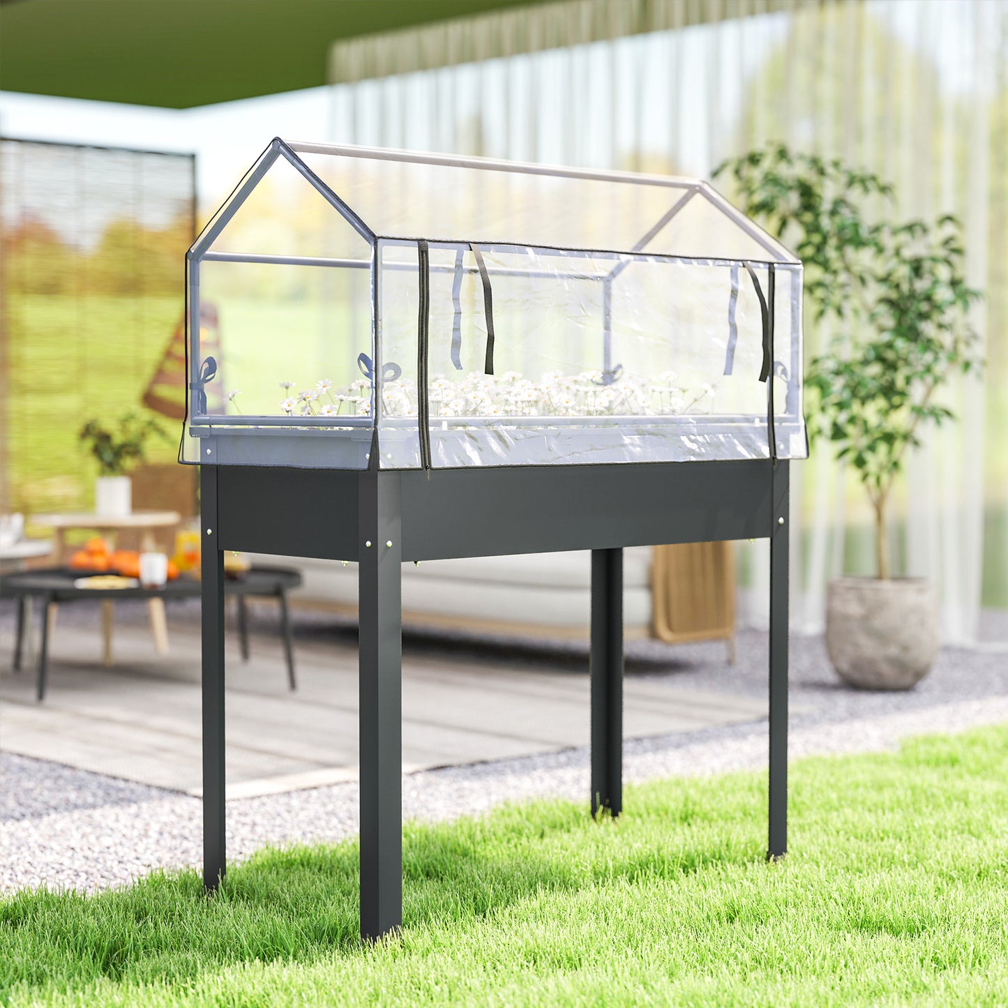 Elevated Garden Bed with Greenhouse Cover - Dark Gray, 1100x510mm