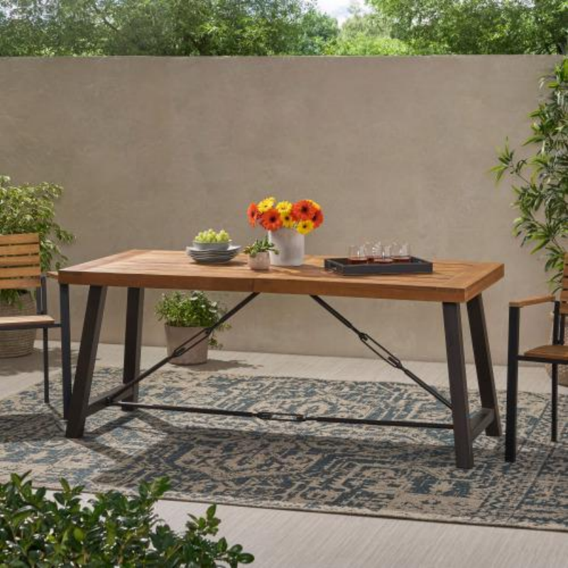 Outdoor Dining Table with Acacia Wood Top and Metal Base