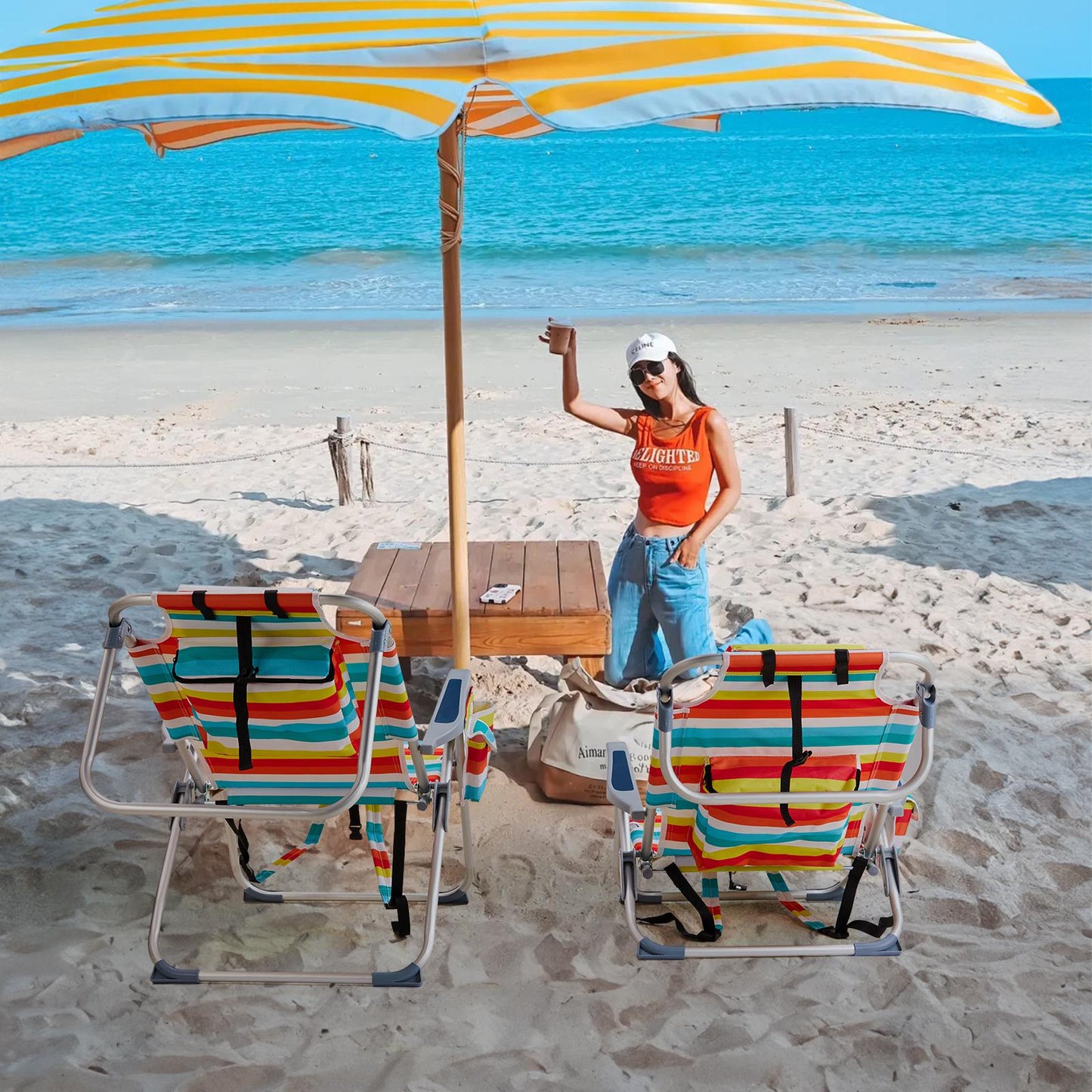 Adjustable Rainbow Striped Backpack Beach Chair - Portable Lounger