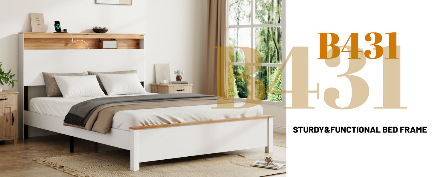 King Farmhouse Wood Bed Frame with Storage Headboard & USB Charging