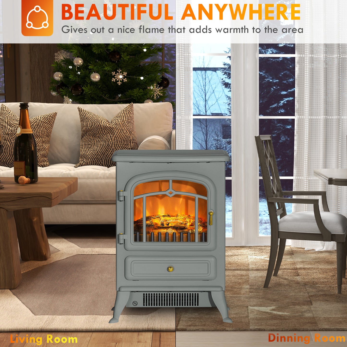 Electric Fireplace Heater with Realistic LED Flames, Logs, 725W/1450W - Gray