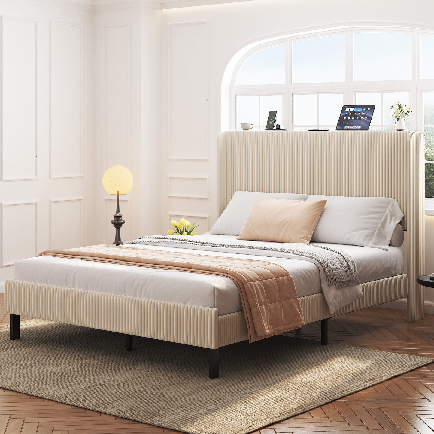 Queen Metal Platform Bed Frame with Charging Station - Beige