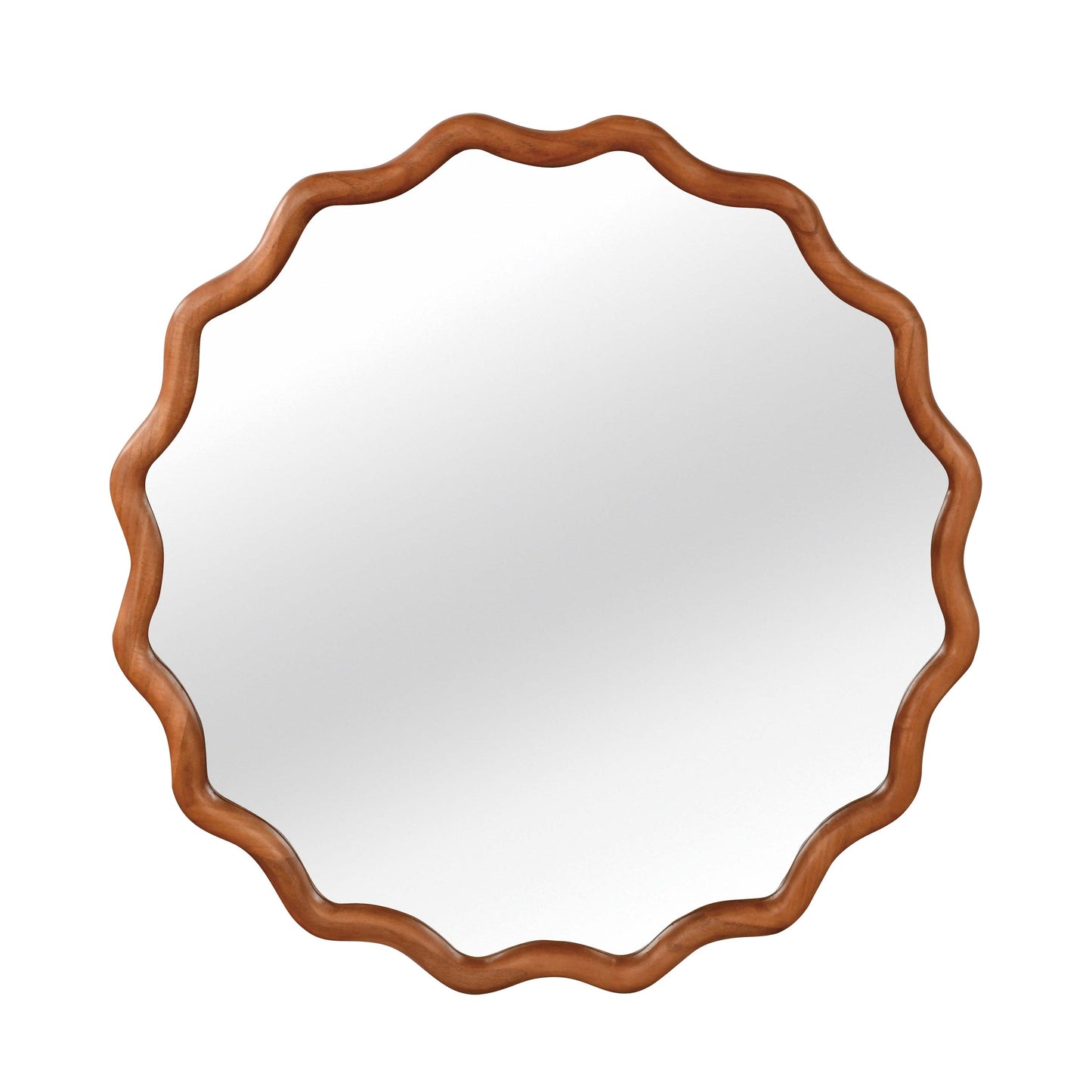 24-Inch Wavy Round Solid Wood Frame Decorative Mirror - Yellowish Brown