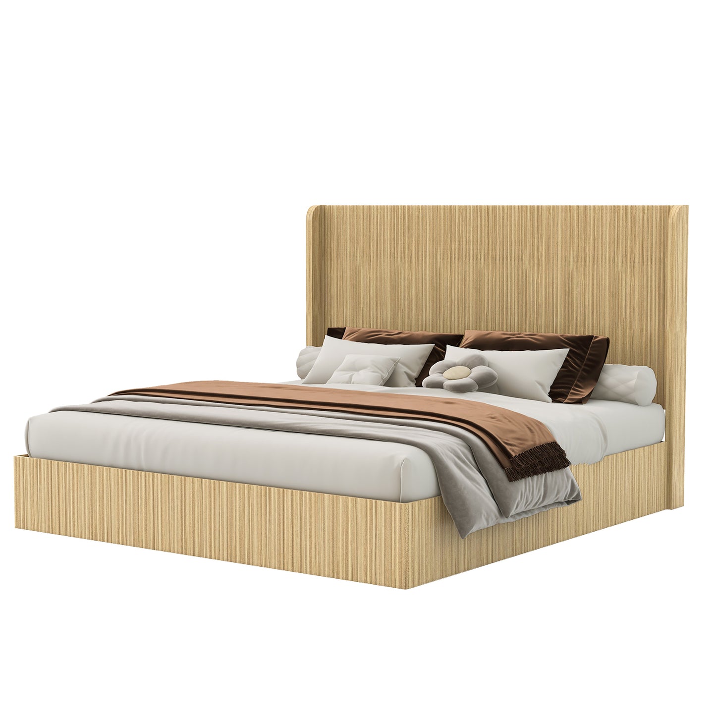 King Size Mid-Century Fluted Wood Bed Frame with Wingback Headboard