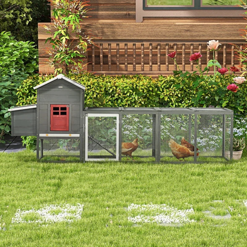 Large Wooden Chicken Coop with Asphalt Roof, Nesting Box & Run - Gray