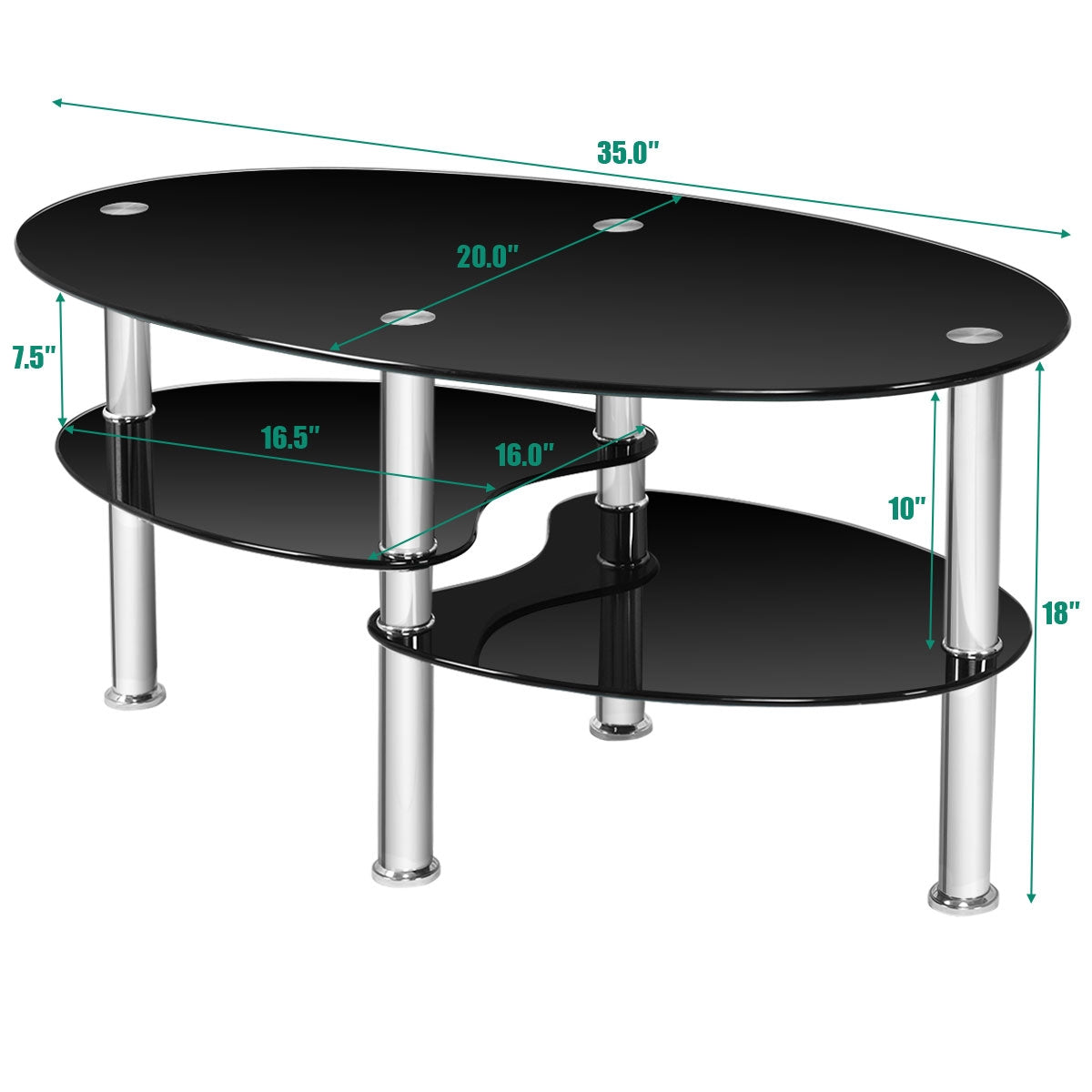 Oval Tempered Glass Coffee Table with 2 Shelves - Black