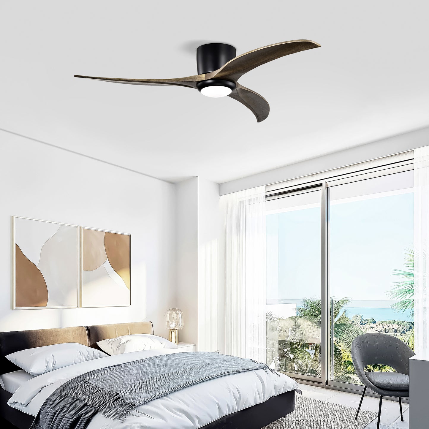 52" Flush Mount Ceiling Fan with Lights & Remote Control - Matte Black