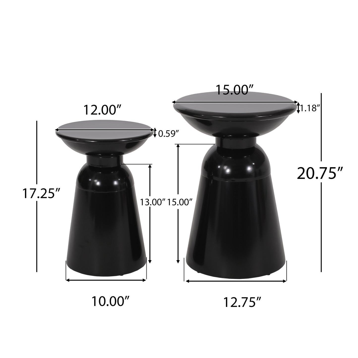 Outdoor Iron Side Tables Set of 2 - Modern Flared Design, Black