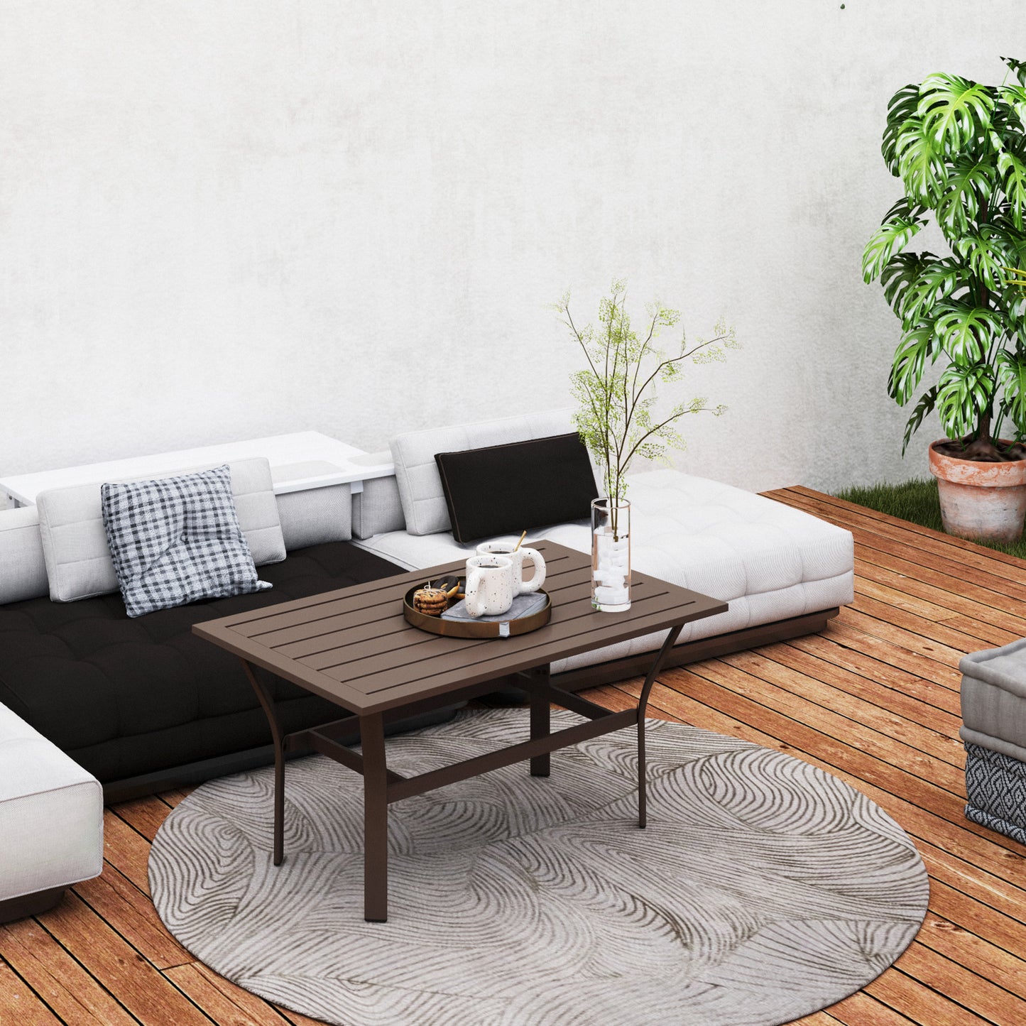 Outdoor Coffee Table - Slatted Design, All-Weather Metal, 36" x 21.7"