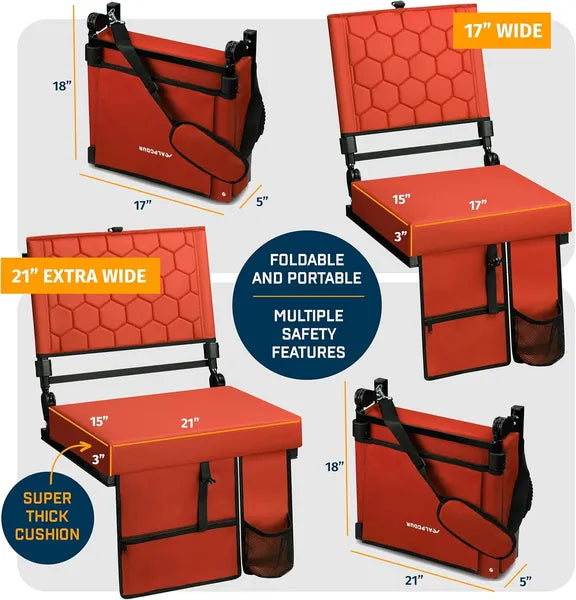 Folding Reclining Stadium Seat with Back Support - Red 17" Wide