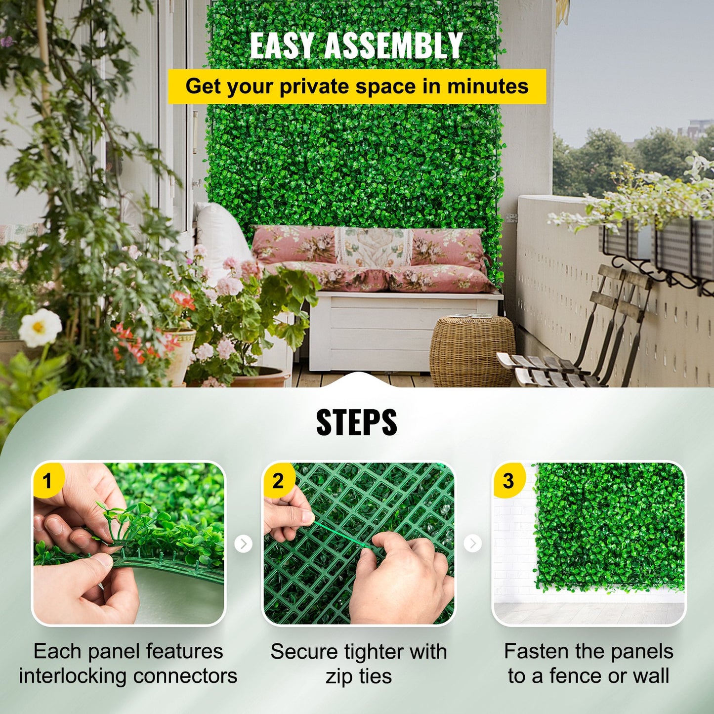 Artificial Boxwood Hedge Wall Panels 48pcs UV Resistant Green Fencing Decor 10x10 Inches