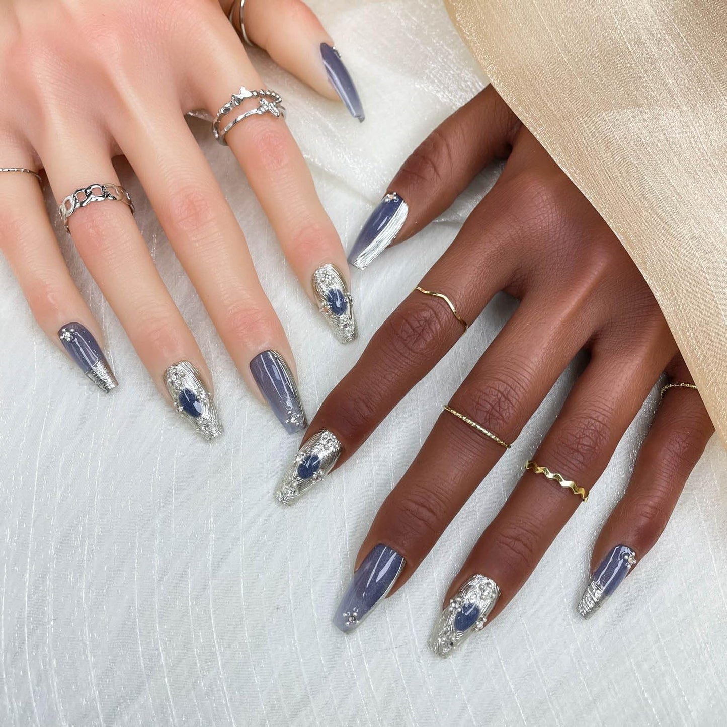 Long Coffin Press On Nails with Rhinestones - Gradient Mercury Veil