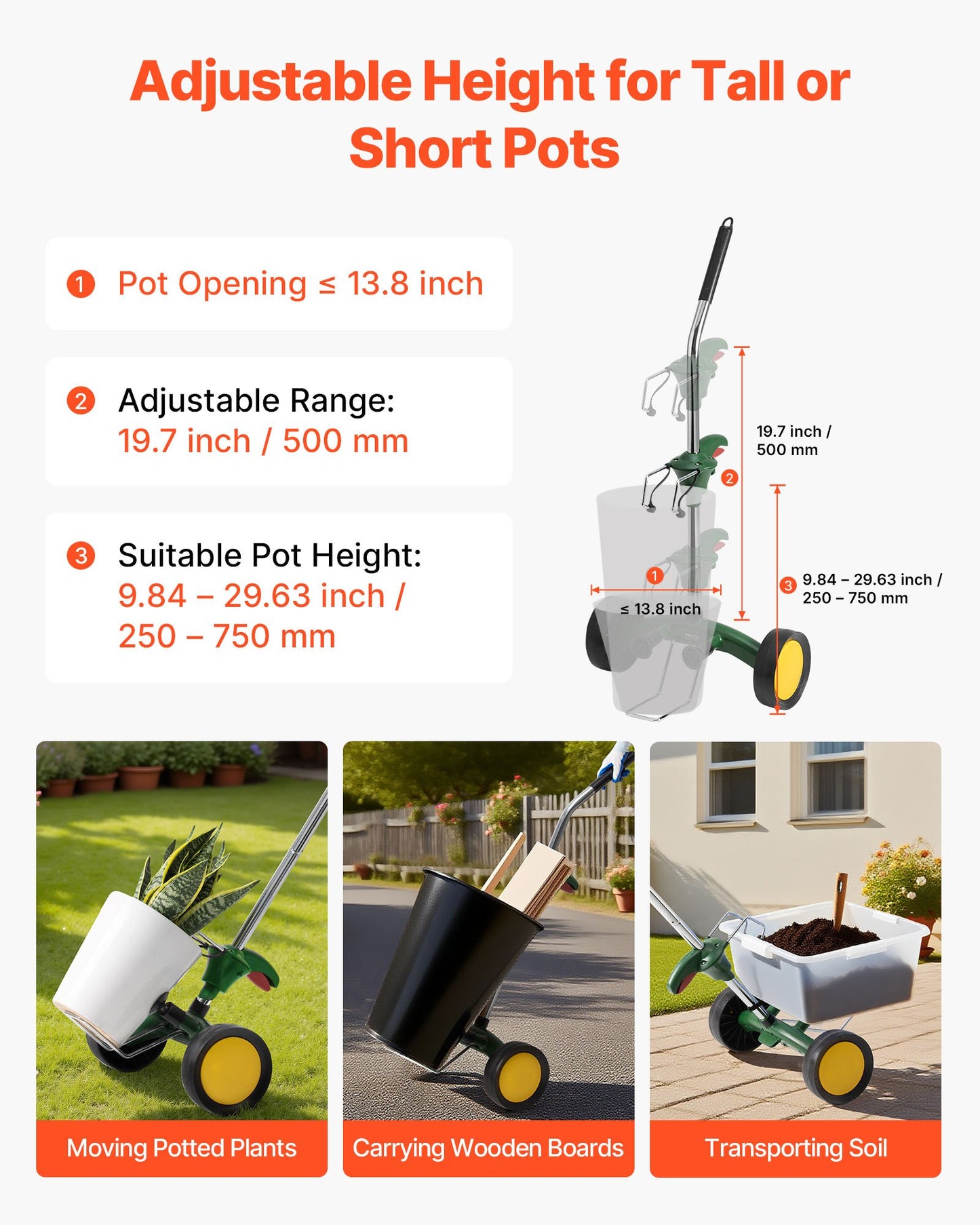 Heavy Duty Garden Pot Mover Dolly with Adjustable Handle and Swivel Wheels