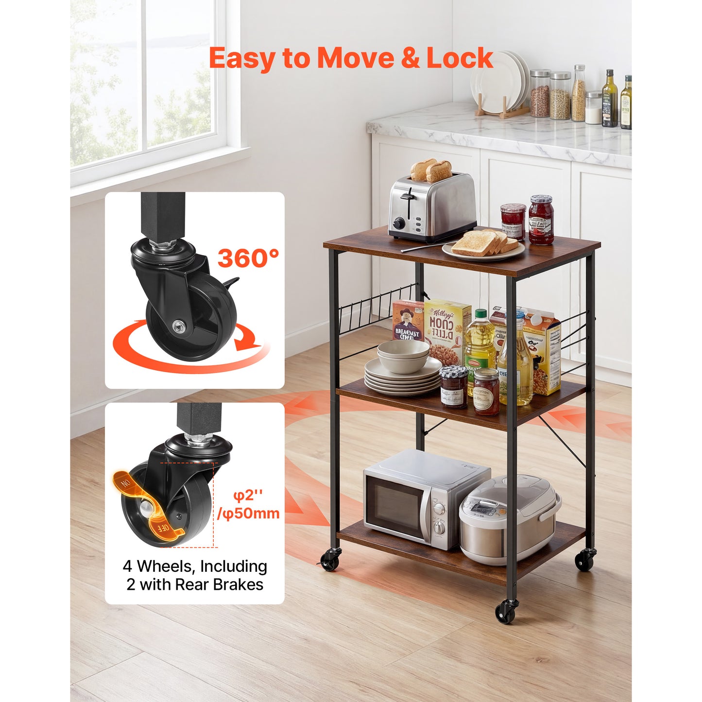 Heavy Duty Kitchen Utility Cart with 3 Tiers, Mobile Storage Trolley with Hooks
