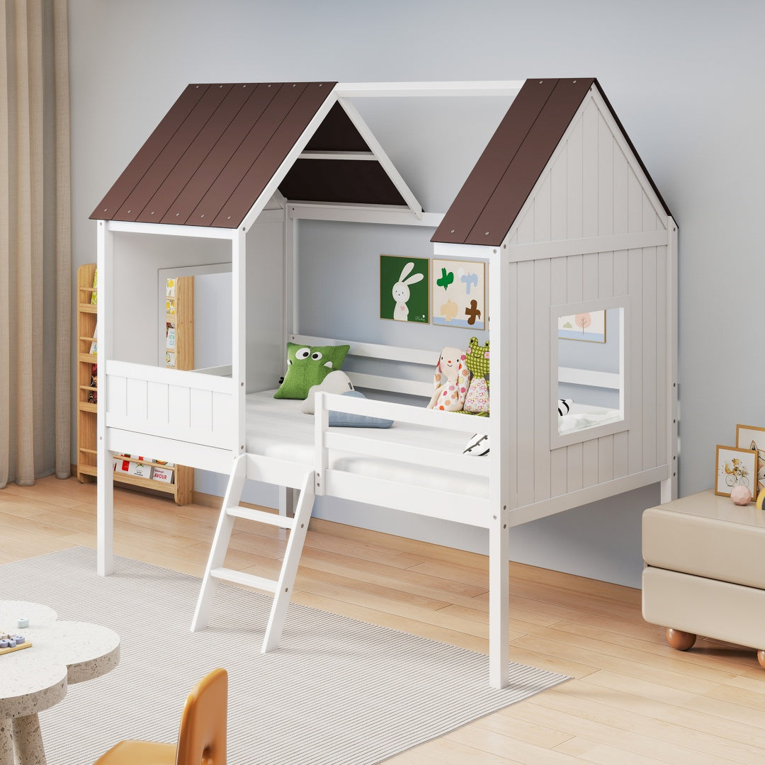 Montessori Wooden Toddler Loft Bed with Detachable Roof & Guardrail