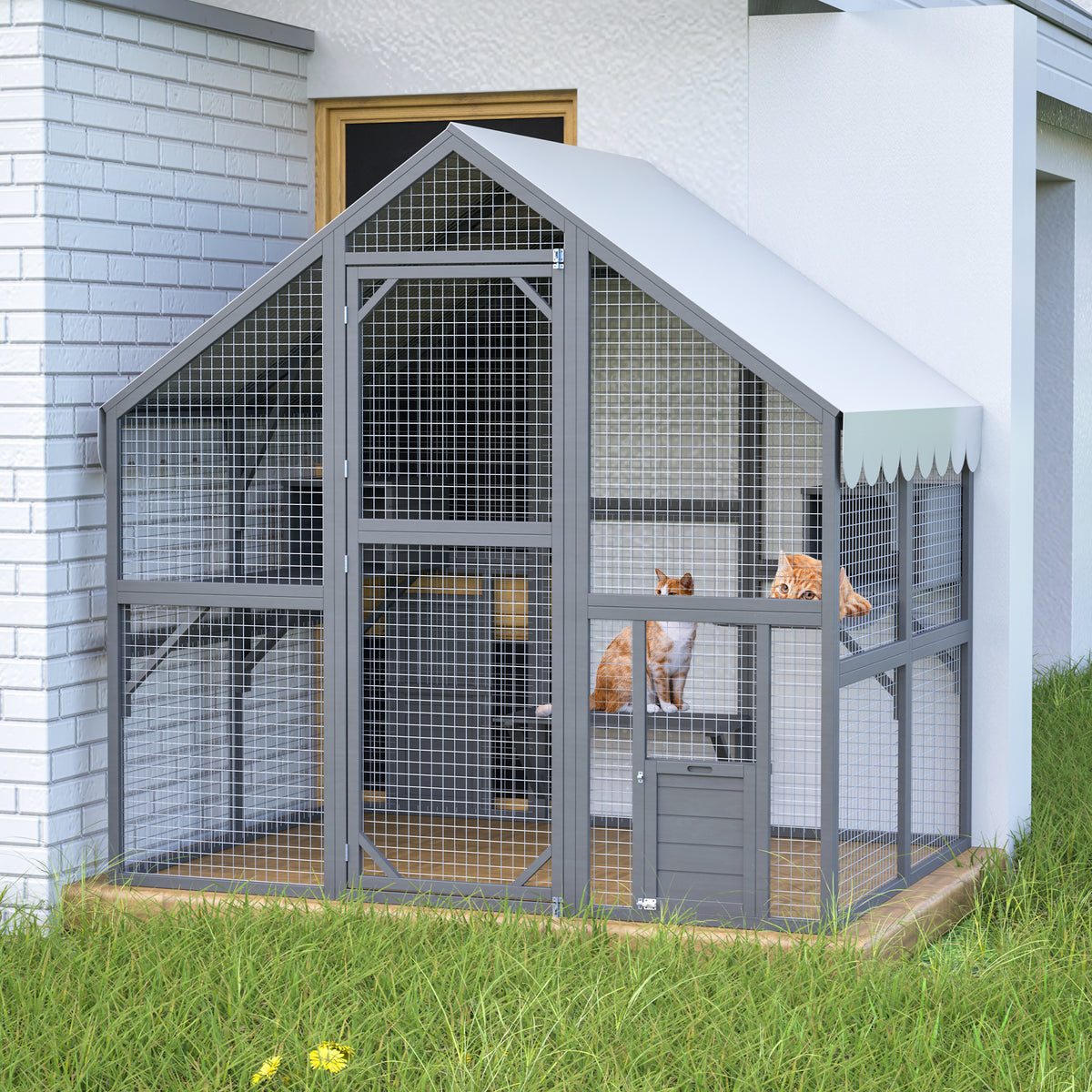 Outdoor Cat House with 2 Doors & Play Areas - Wooden Cat Enclosure, Grey
