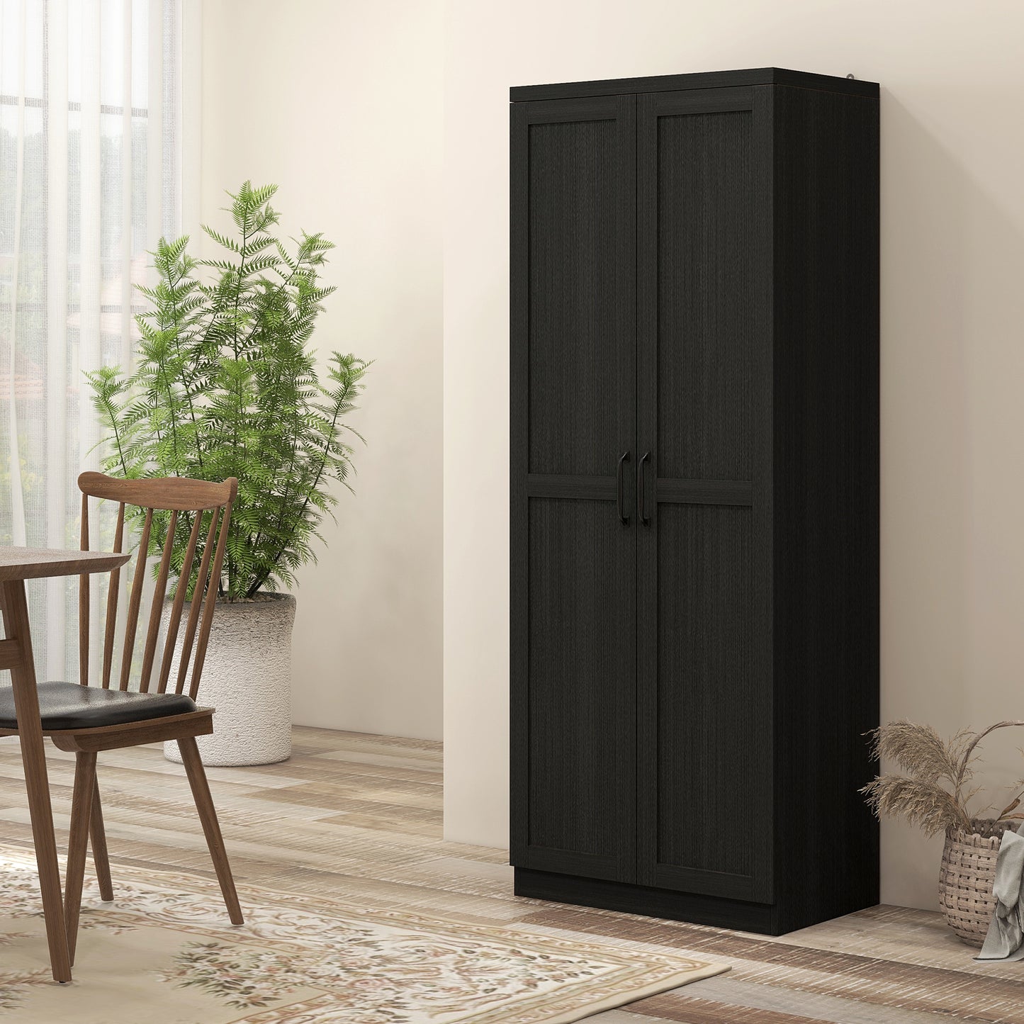 63" Freestanding Kitchen Pantry Cabinet with Adjustable Shelves - Black Wood Grain
