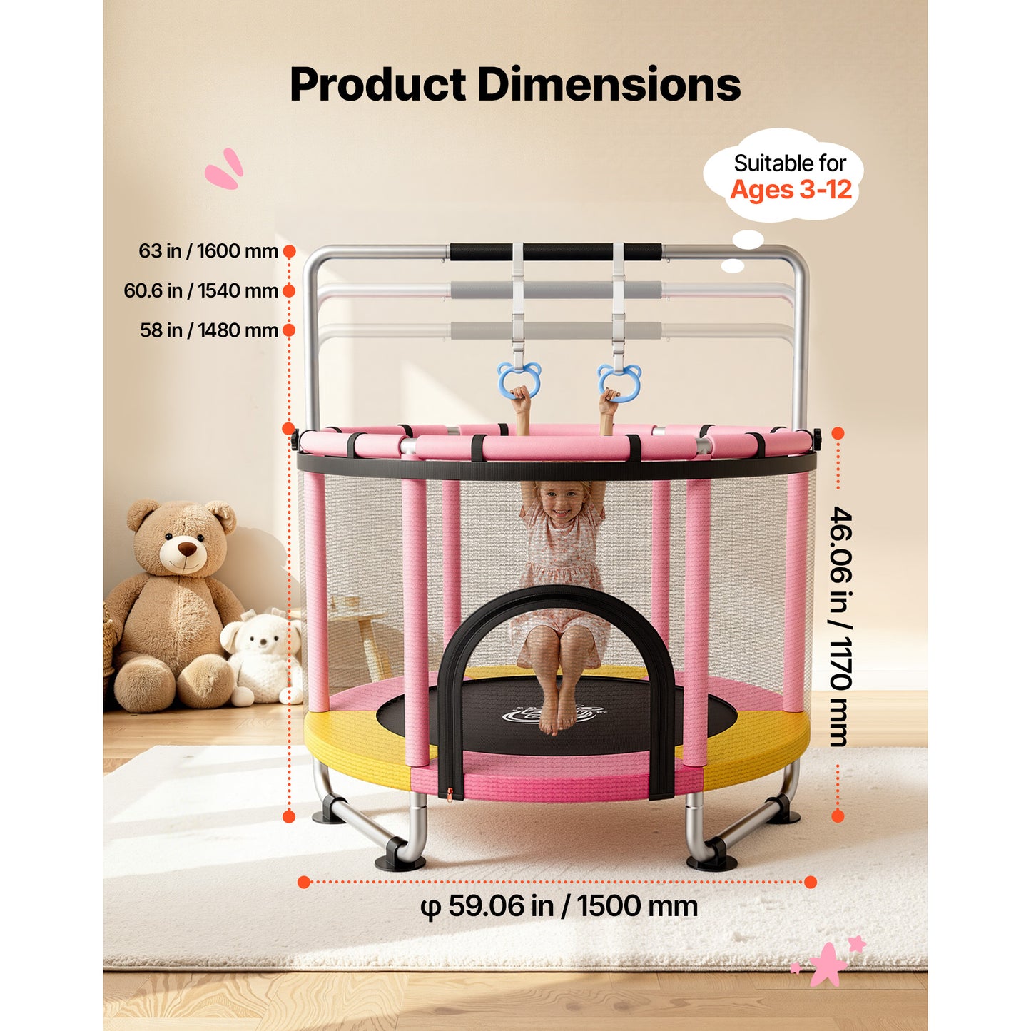 60-Inch Kids Mini Trampoline with Enclosure & Adjustable Bar - Indoor Outdoor Play Toy