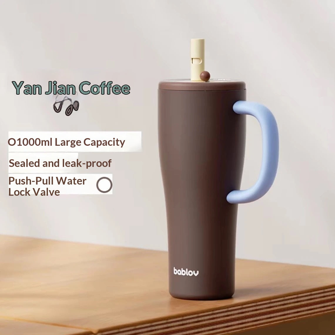 Large Capacity Insulated Stainless Steel Mug with Straw - 1000ML