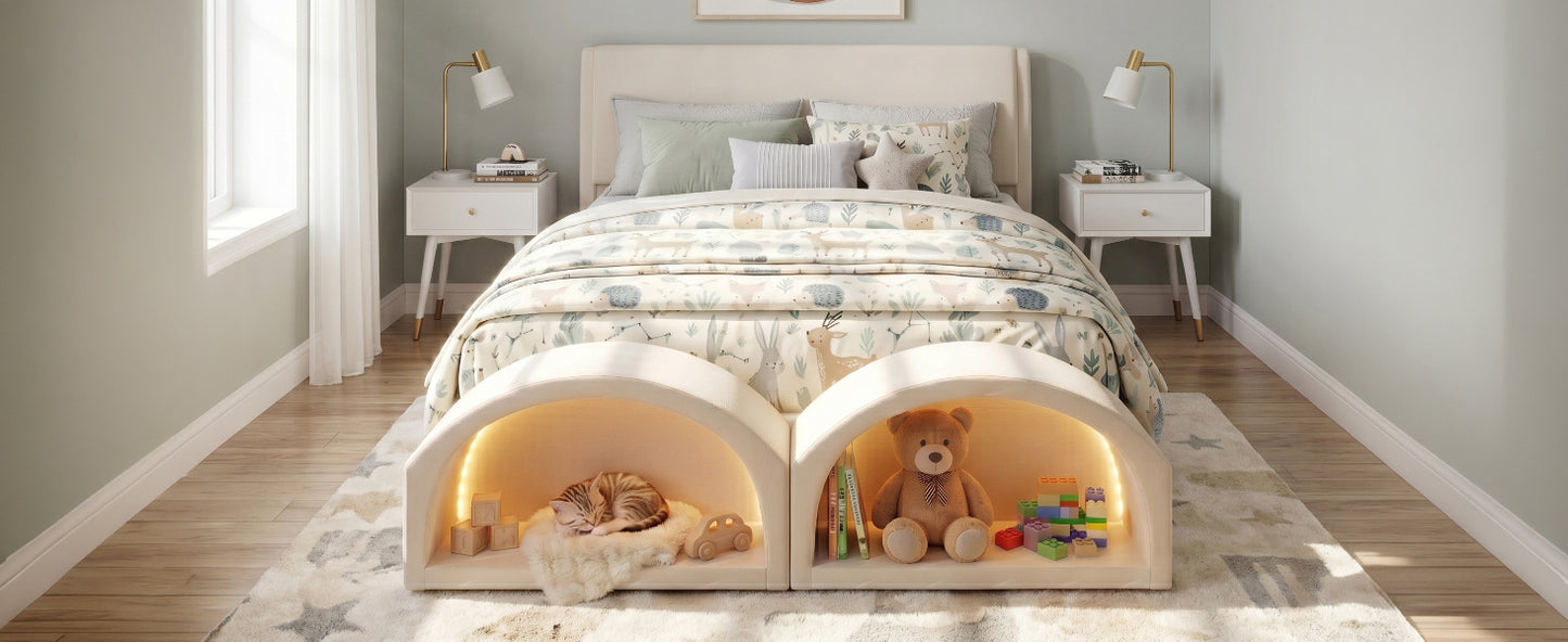 Queen Size Upholstered Platform Bed Frame with Dual Cat Caves & LED Pet Nests - Beige
