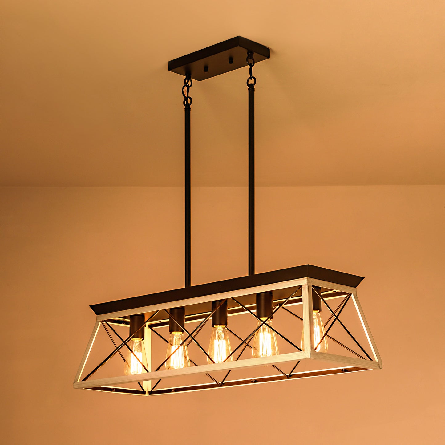 32-Inch Black & White Industrial 5-Light Pendant Chandelier - Adjustable Hanging Light