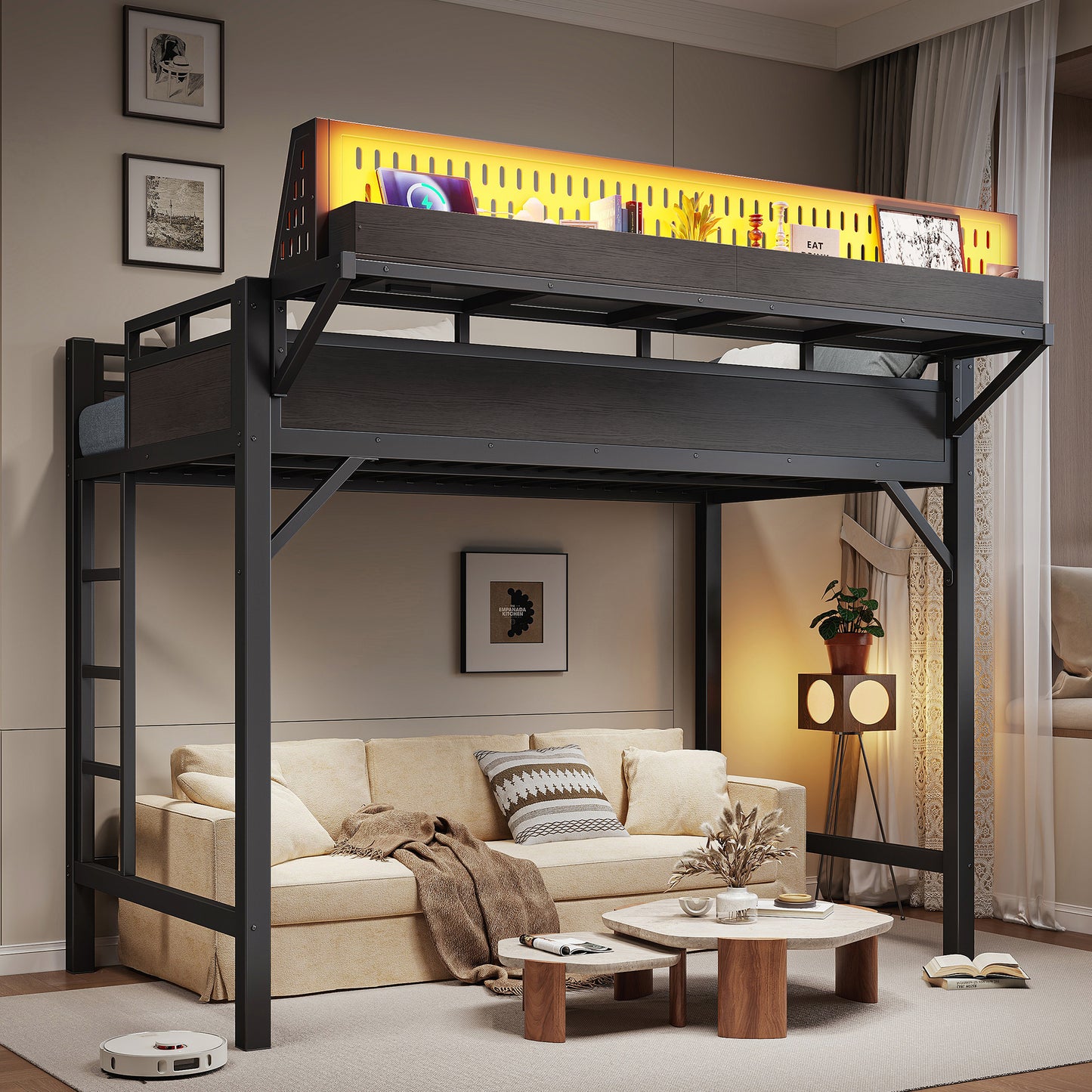 Twin XL Metal Loft Bed Frame with USB Ports & LED Lights