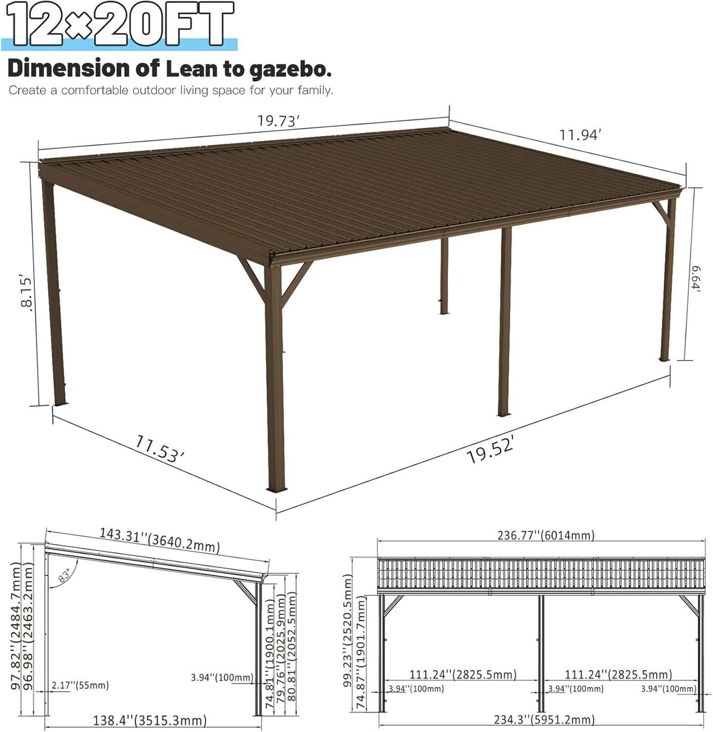 12x20FT Lean To Gazebo, Outdoor Hardtop Wall Mounted Gazebo With