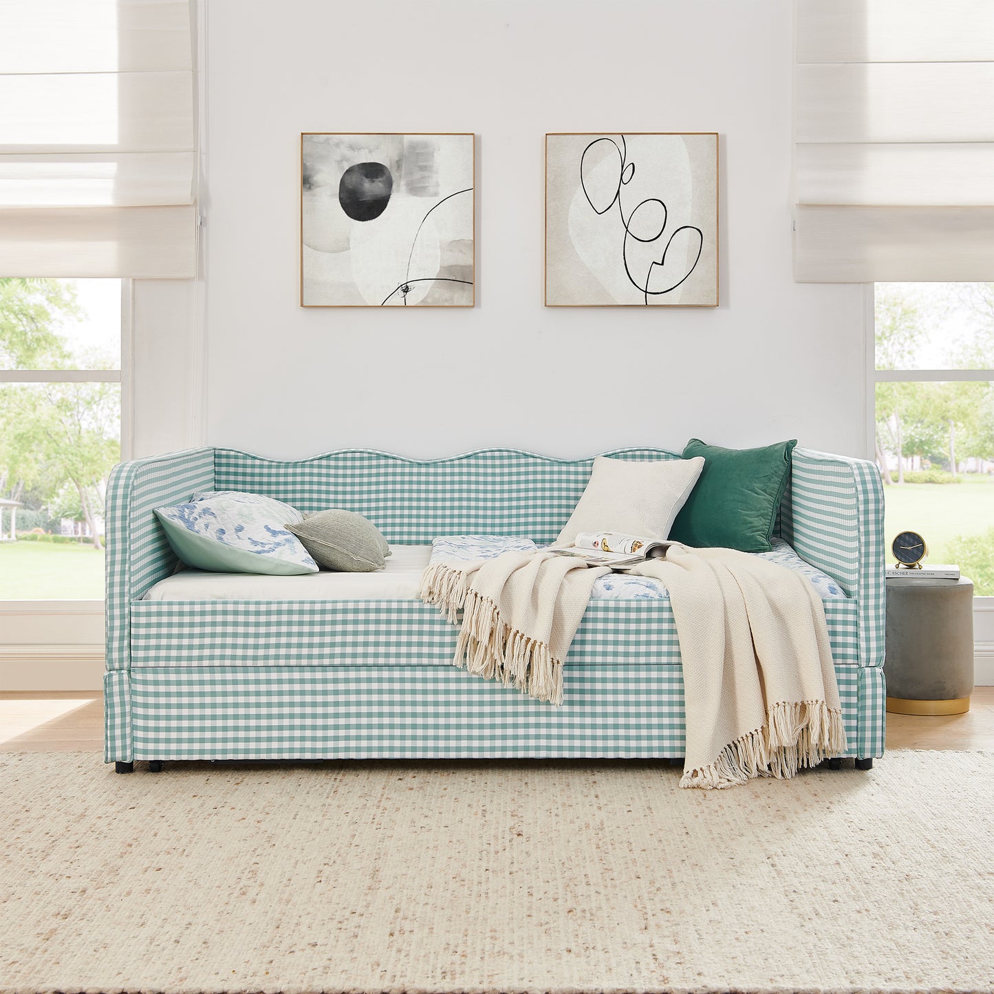 Full-Size Gingham Upholstered Daybed with Pull-Out Trundle & Storage - Cyan