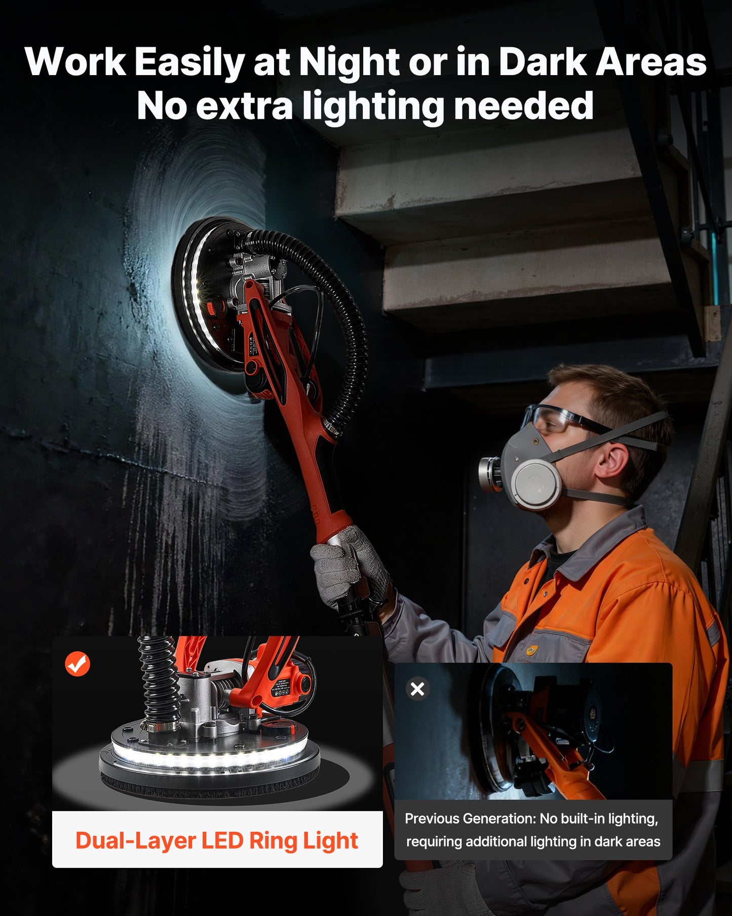 Electric Drywall Sander with Adjustable Speed & LED Light - 850W