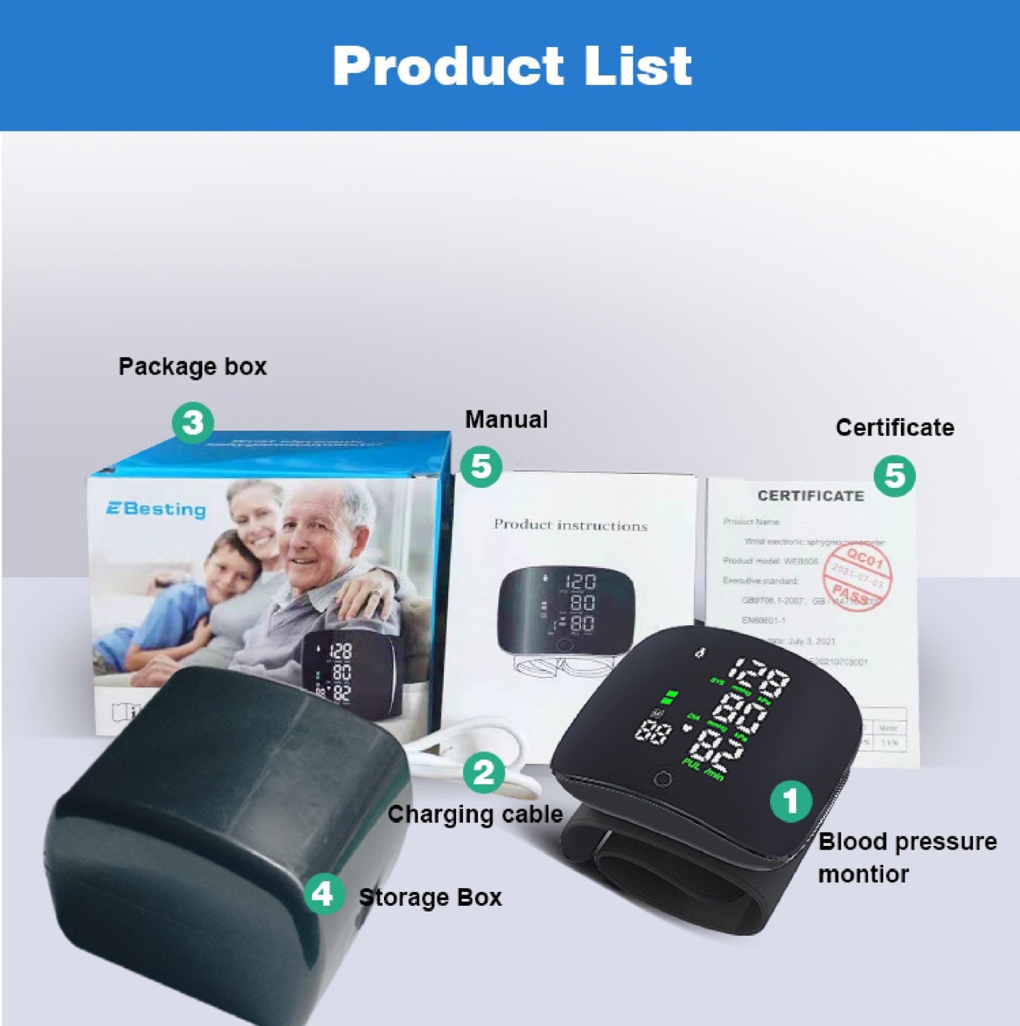 Rechargeable Blood Pressure Monitor Wrist Cuff with Touch Screen Home Healthcare