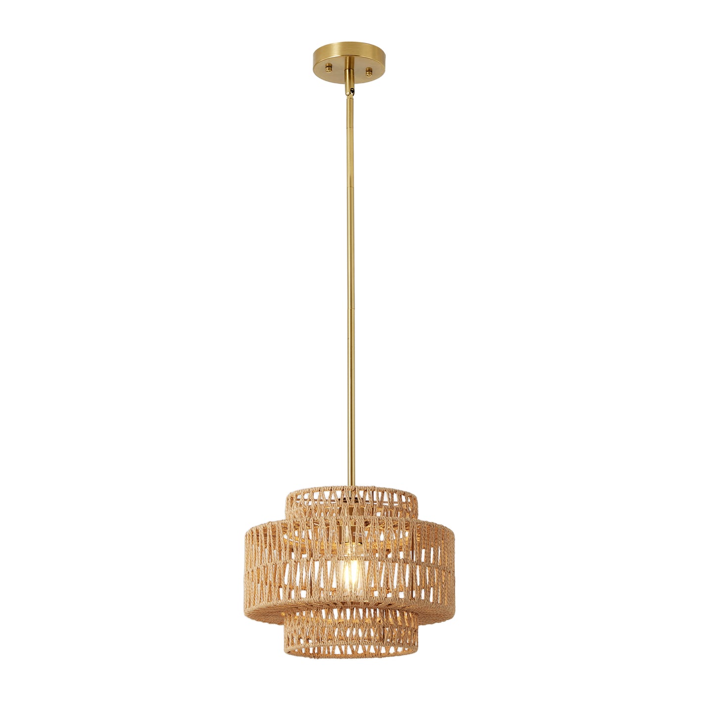 12.6in Boho Rattan Pendant Light Fixture - Farmhouse Rustic Hanging Lamp for Kitchen & Living Room