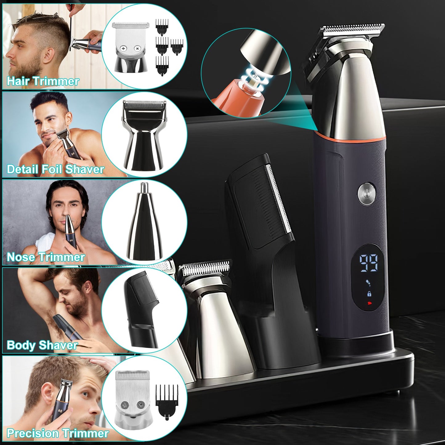 5-in-1 Cordless Beard Trimmer Kit - IPX5 Waterproof Electric Grooming Set