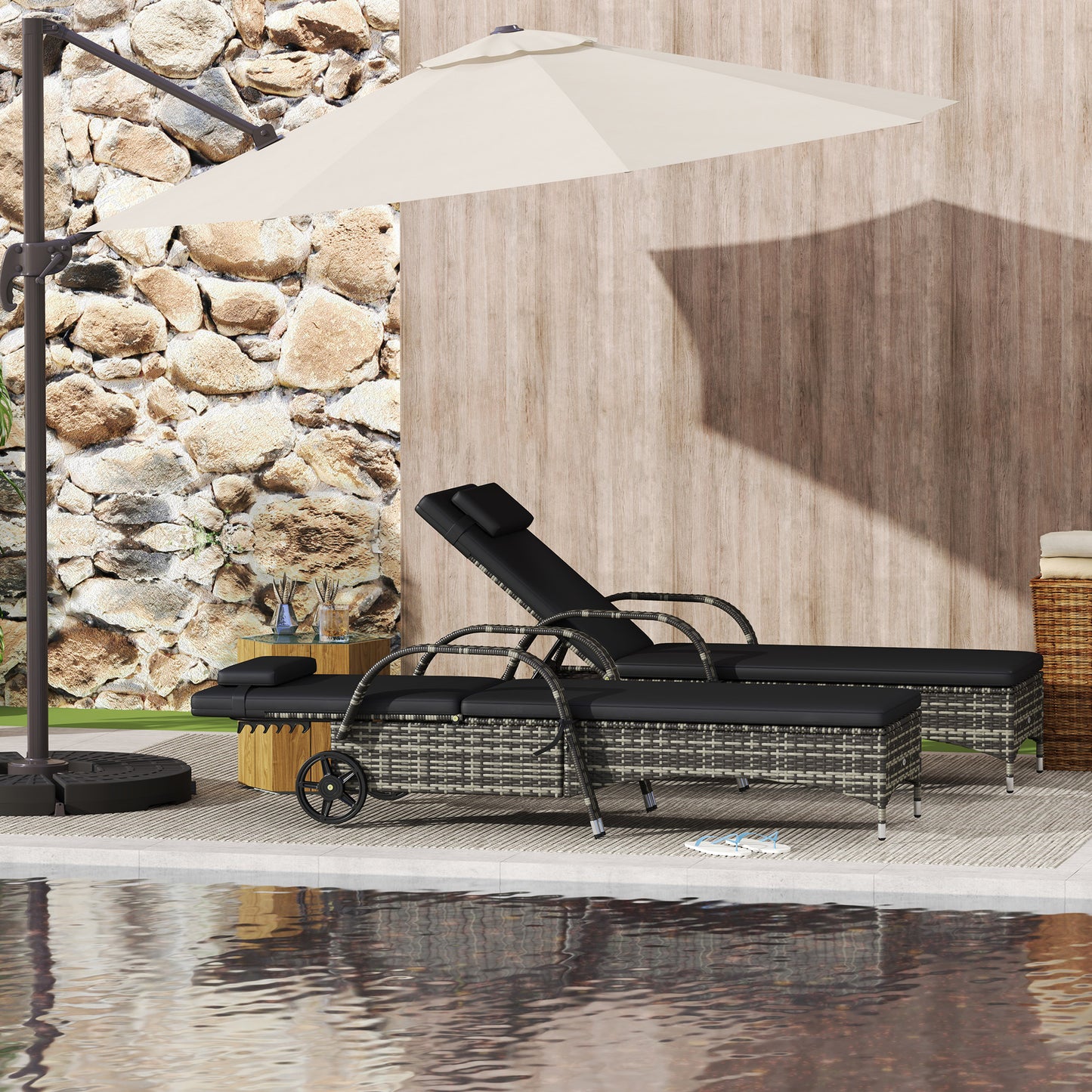 Outdoor Chaise Lounge Chair Set with Cushions and Wheels - Black